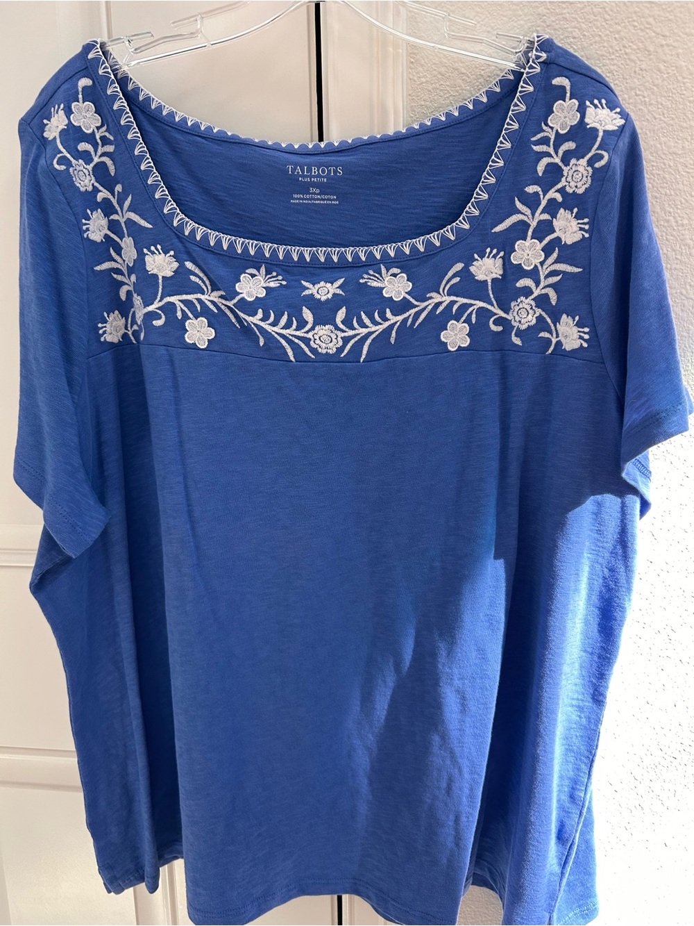 Talbots Royal Blue Short-Sleeve Scoop Neck Top with White Floral Embroidery